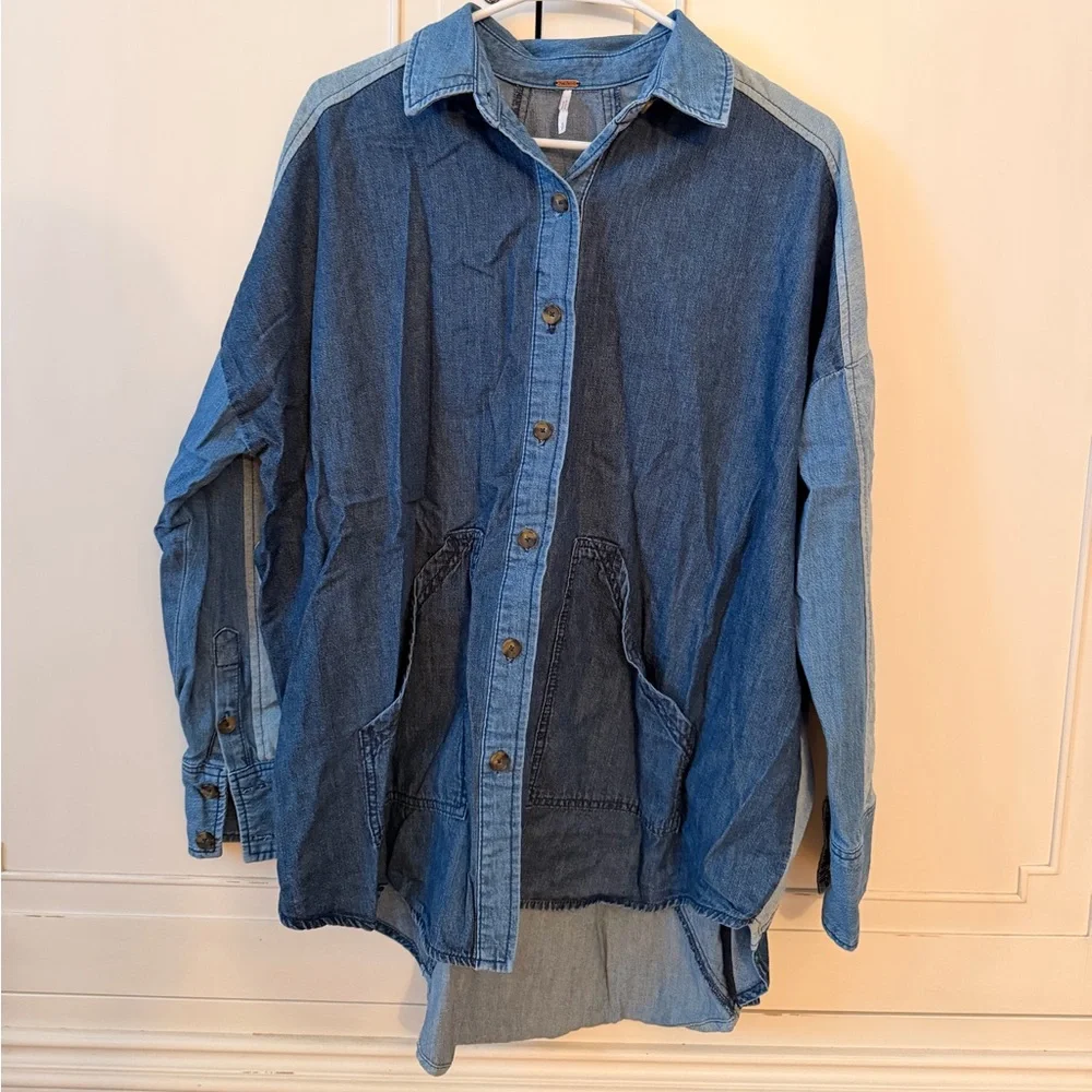 Free People Color Block Star Denim Button Up Shirt SMALL - Picture 2 of 4